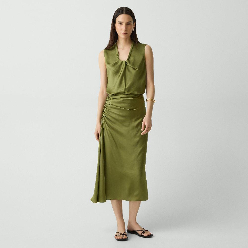 j brand Ruched Midi Skirt in Crushed Satin avocado