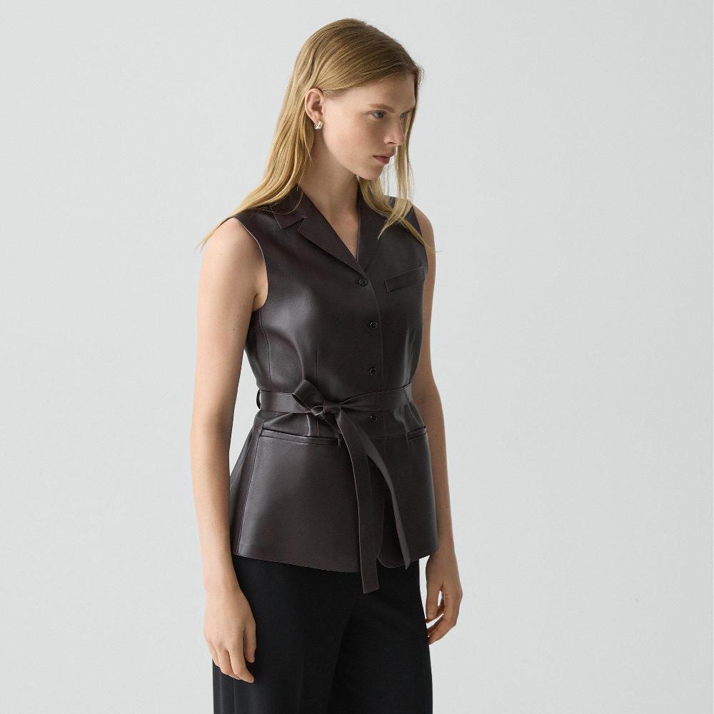 J Brand Tie Waist Vest In Sleek Leather Cacao