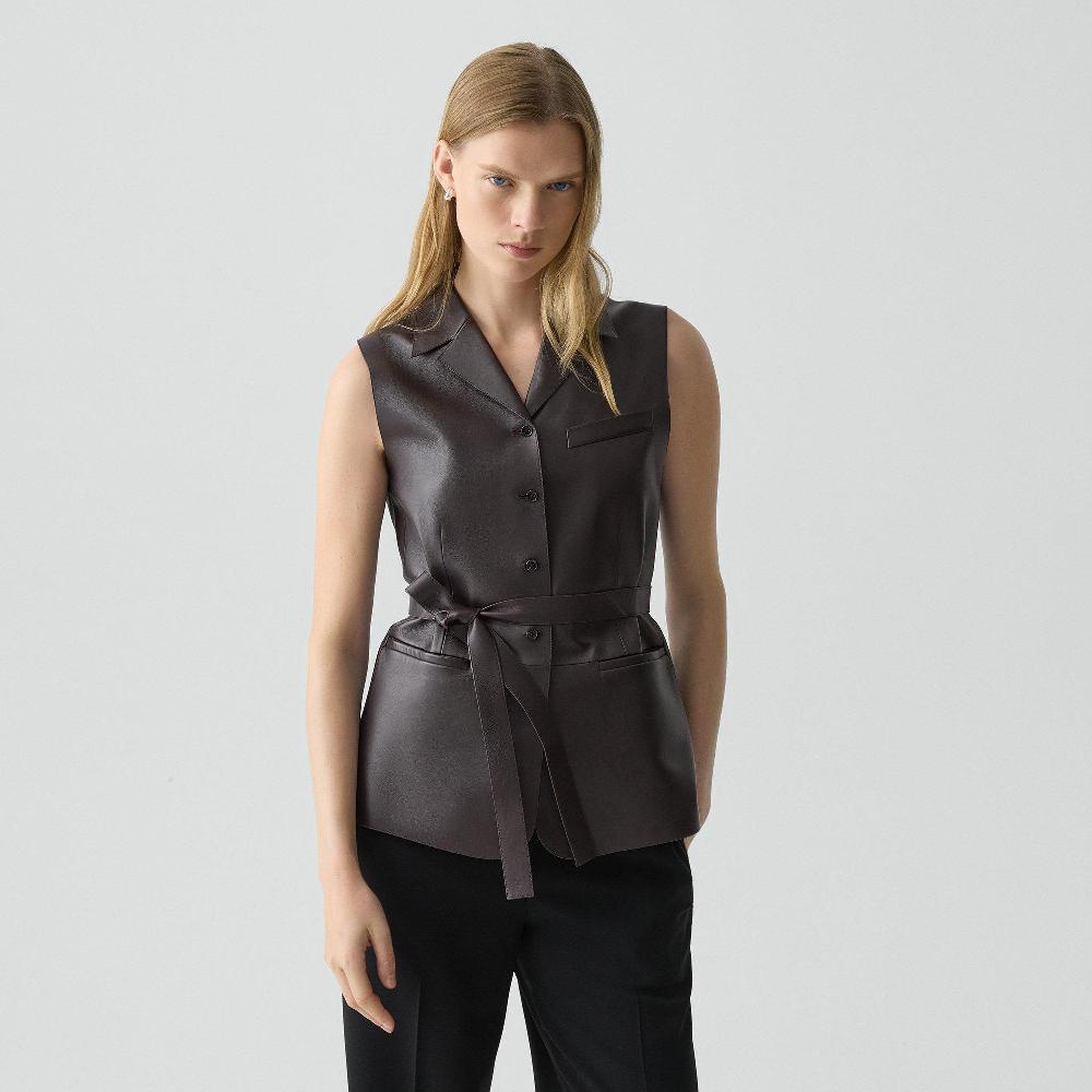 j brand Tie Waist Vest in Sleek Leather cacao