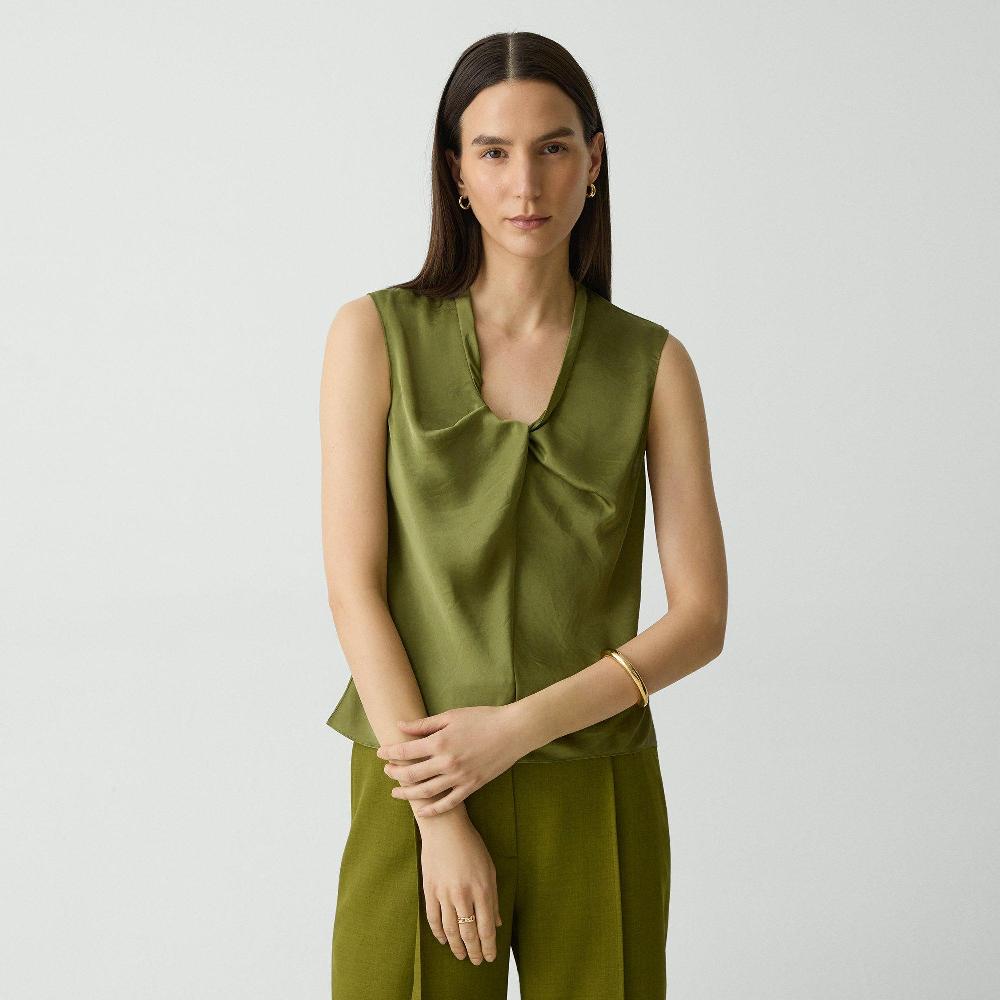 j brand Twist Neck Blouse in Crushed Satin avocado
