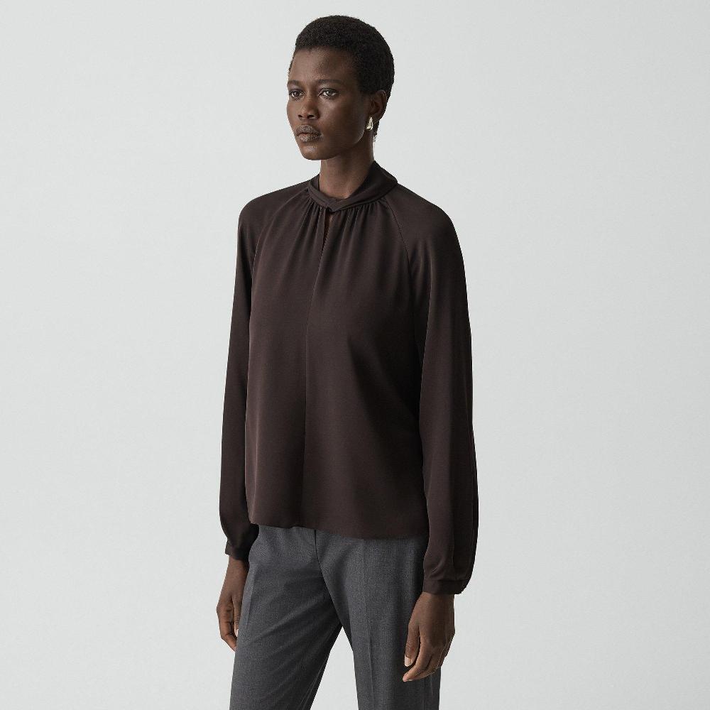 J Brand Twist Neck Top In Silk Georgette Cacao