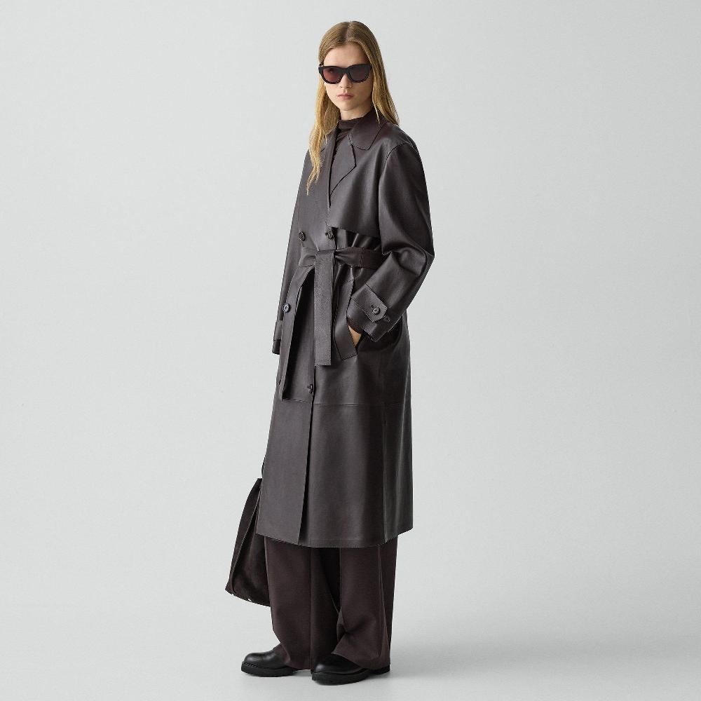 J Brand Oversized Double-Breasted Trench Coat In Sleek Leather Cacao