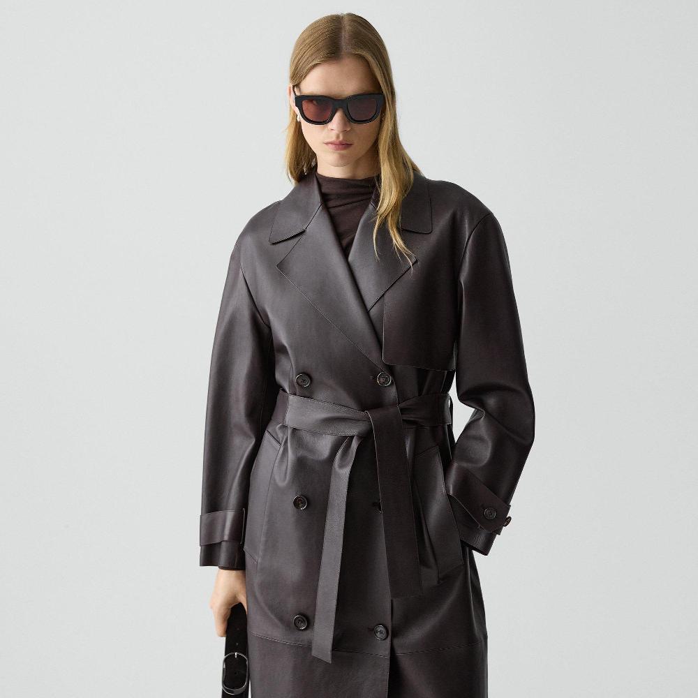 J Brand Oversized Double-Breasted Trench Coat In Sleek Leather Cacao