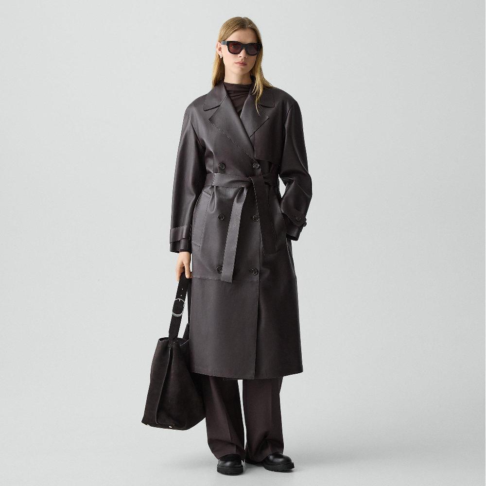 j brand Oversized Double-Breasted Trench Coat in Sleek Leather cacao
