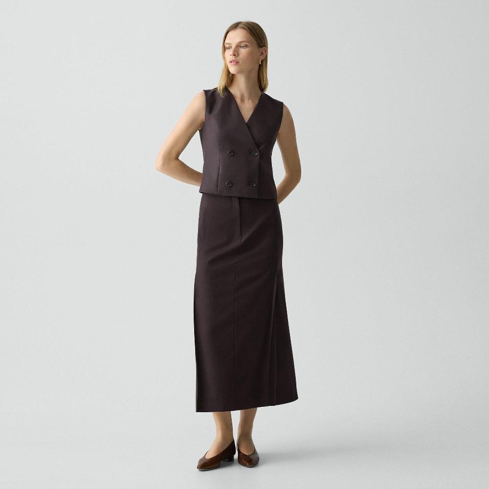 j brand Pleated Maxi Skirt in Wool-Blend Flannel cacao