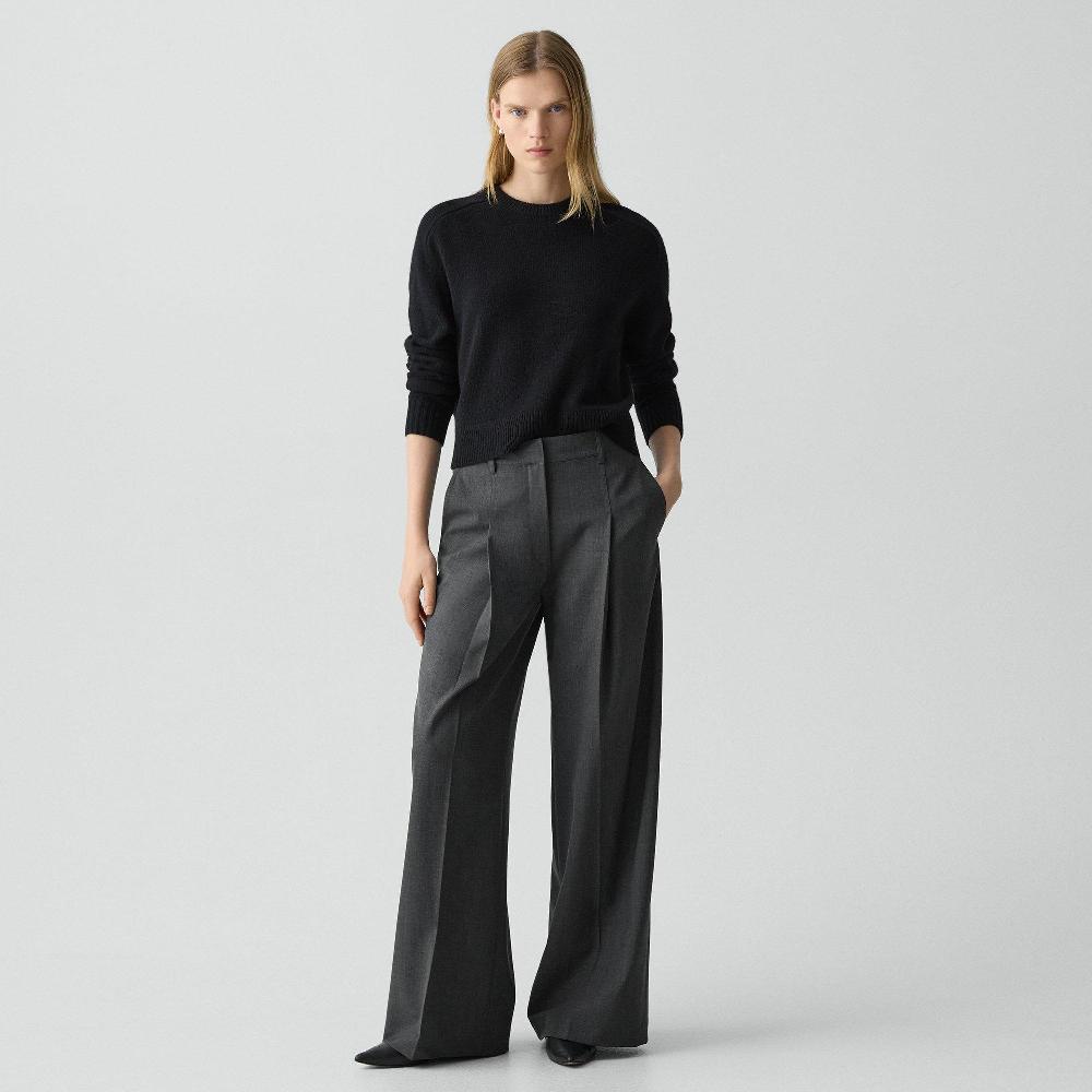 j brand Pleated Wide-Leg Pant 33'' in Good Wool charcoal melange