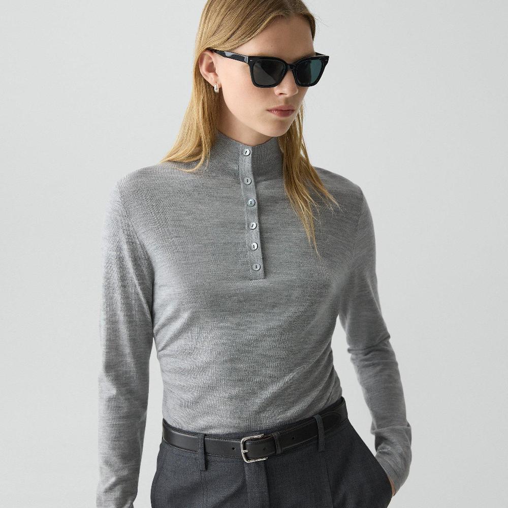 J Brand Shirred Henley Sweater In Regal Wool Grey Melange