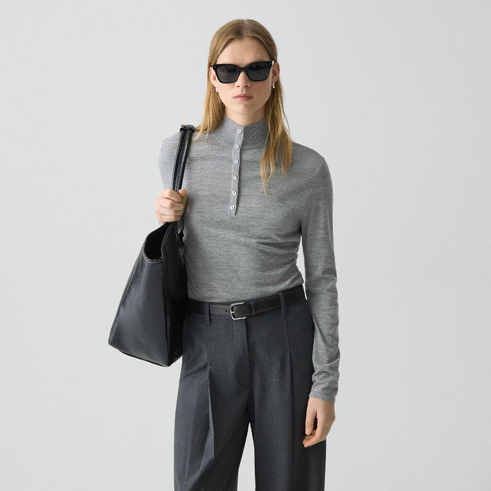 j brand Shirred Henley Sweater in Regal Wool grey melange