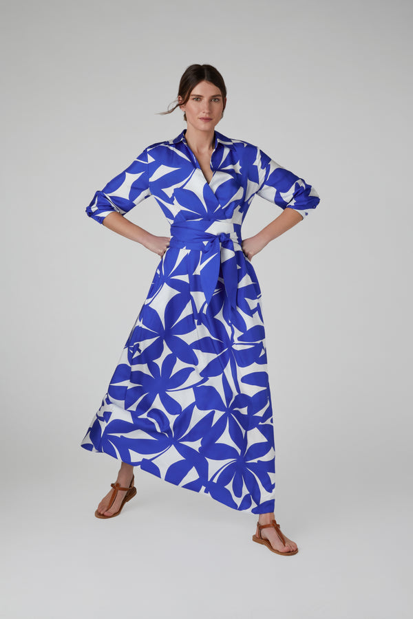 J By Jasper Conran Celia Printed Silk Maxi Full Skirt Wrap Dress Blue