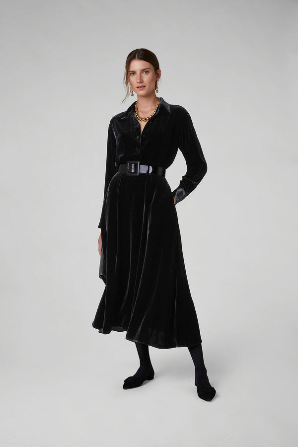 J By Jasper Conran Eve Silk-Blend Velvet Shirt Dress Black