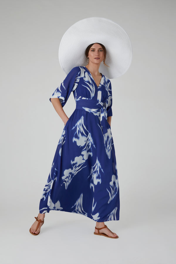 J By Jasper Conran Hilary V Neck Printed Georgette Maxi Dress Blue