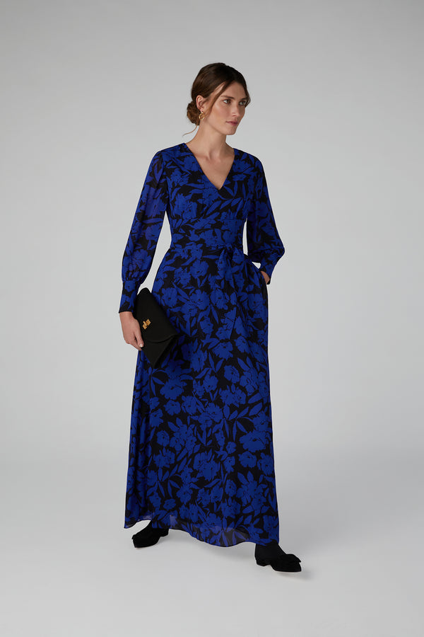 J By Jasper Conran Ira Printed Georgette Maxi V Neck Dress Blue