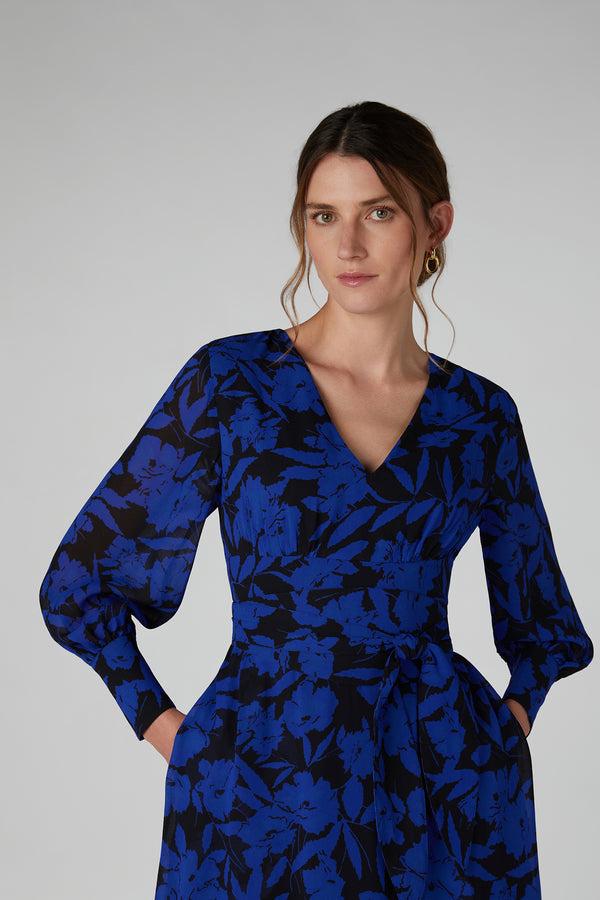 J By Jasper Conran Ira Printed Georgette Maxi V Neck Dress Blue