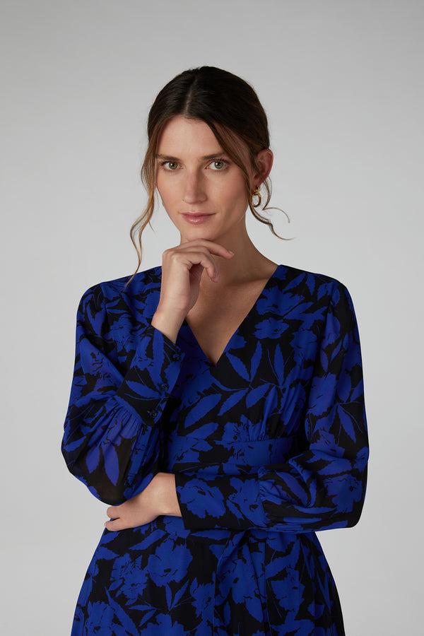 J By Jasper Conran Ira Printed Georgette Maxi V Neck Dress Blue