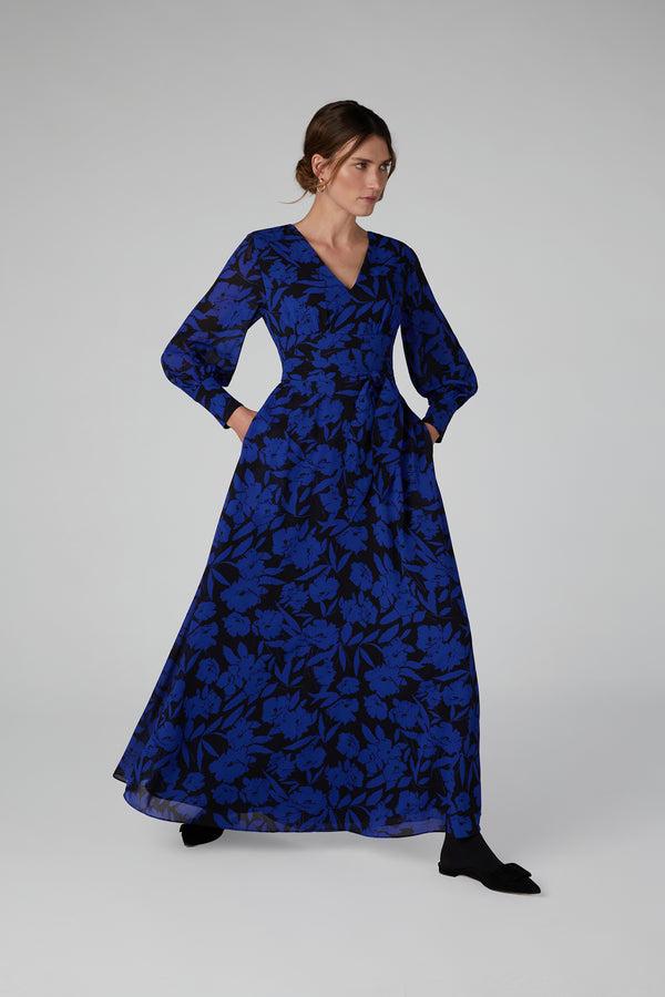 j by jasper conran Ira Printed Georgette Maxi V Neck Dress Blue