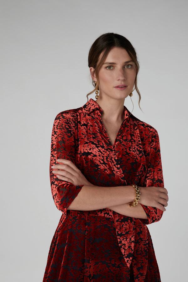 J By Jasper Conran Iris Velvet Devoré Wrap Dress Red