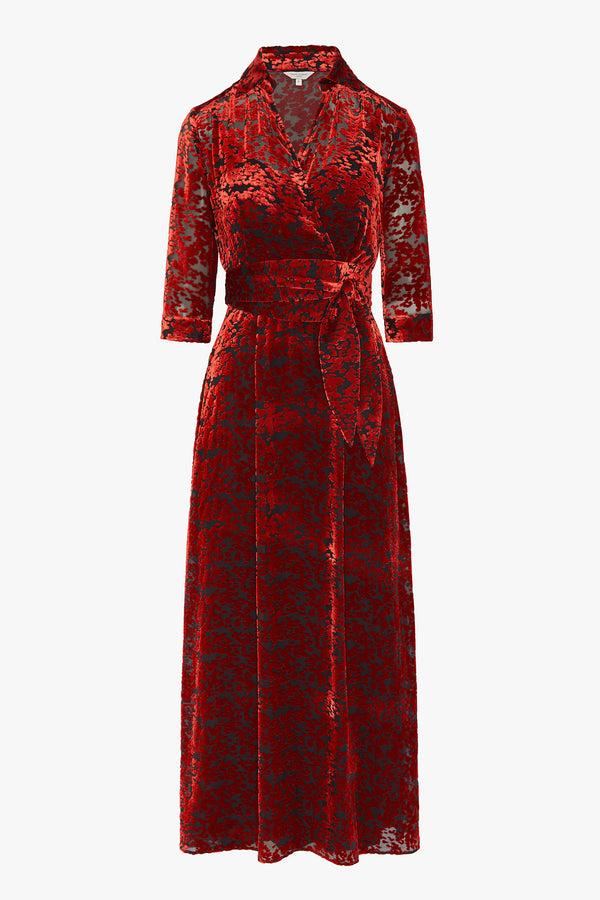 J By Jasper Conran Iris Velvet Devoré Wrap Dress Red