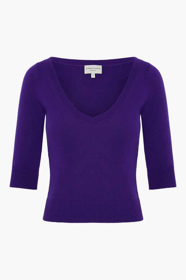 J By Jasper Conran India V Neck Knitted Top Purple