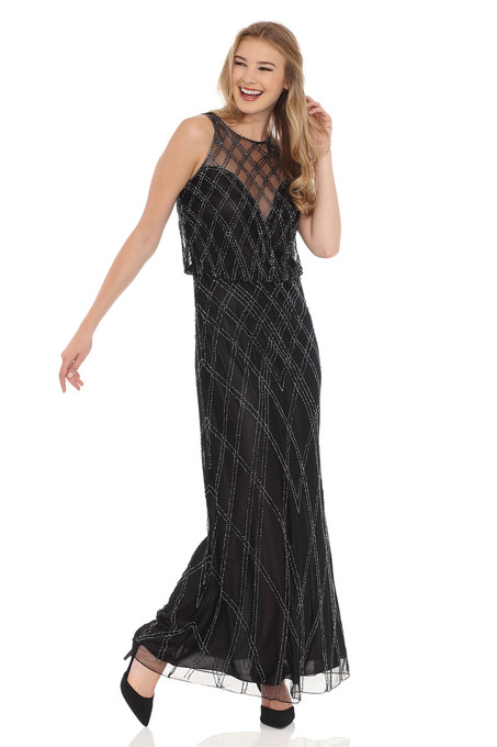 J Kara Art Deco All Over Beaded Blouson Dress Black / Gun