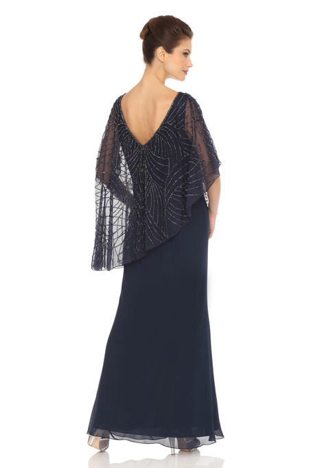 J Kara Asymmetrical Sheer Capelet Popover Dress Navy