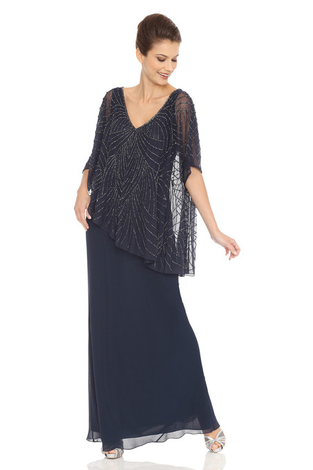 J Kara Asymmetrical Sheer Capelet Popover Dress Navy