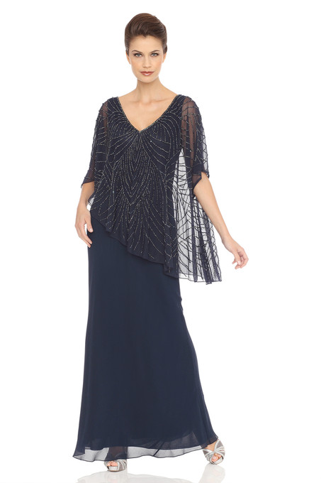 j kara Asymmetrical Sheer Capelet popover Dress Navy