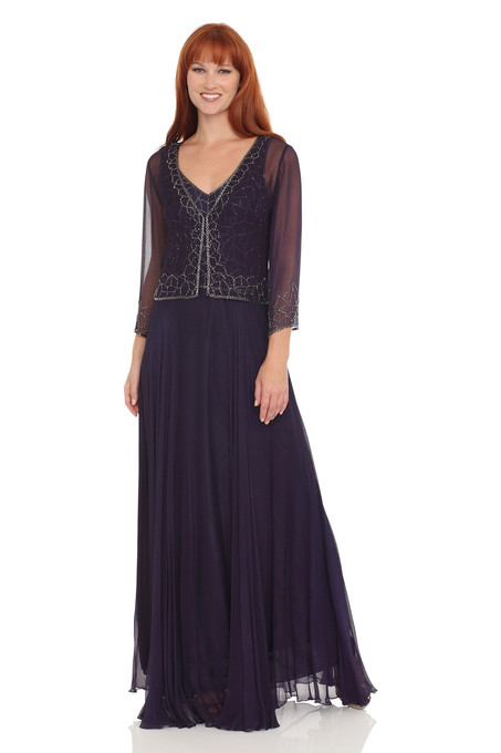 j kara Beaded Chiffon Dress with Jacket Violet / Mercury