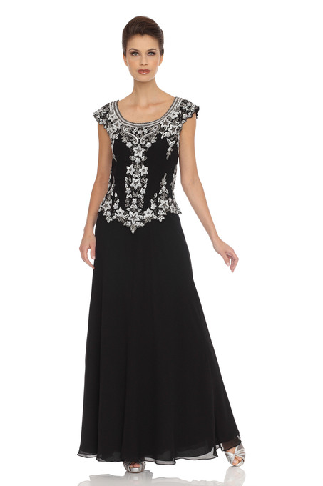 j kara Cap-Sleeve Embellished Bodice Dress Black / White