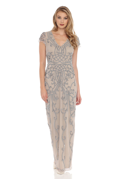 J Kara Champagne Vine Beaded Dress Champagne / Silver