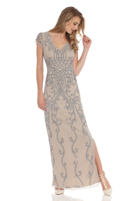 J Kara Champagne Vine Beaded Dress Champagne / Silver