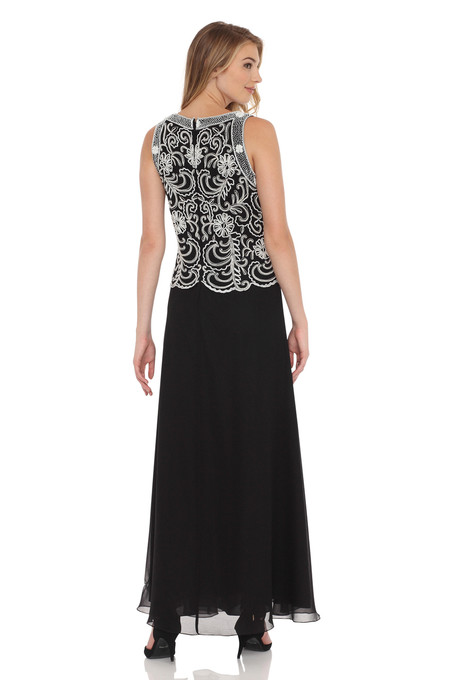 J Kara Embellished Bodice A-Line Chiffon Dress With Scarf Black