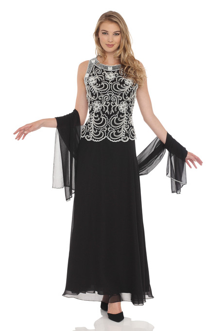 J Kara Embellished Bodice A-Line Chiffon Dress With Scarf Black