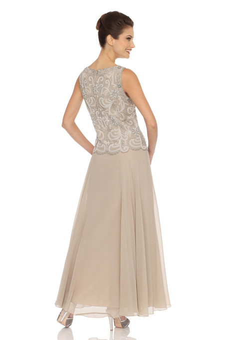 J Kara Embellished Bodice A-Line Chiffon Dress With Sheer Scarf Champagne