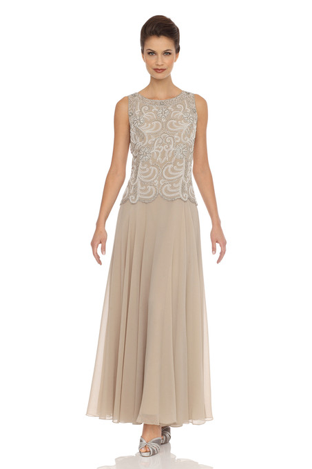 J Kara Embellished Bodice A-Line Chiffon Dress With Sheer Scarf Champagne