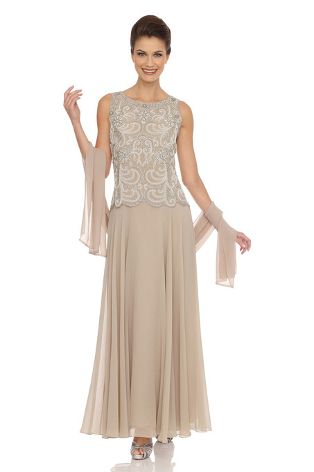 J Kara Embellished Bodice A-Line Chiffon Dress With Sheer Scarf Champagne