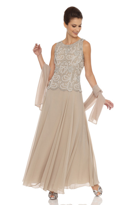 j kara Embellished Bodice A-Line Chiffon Dress with Sheer Scarf Champagne