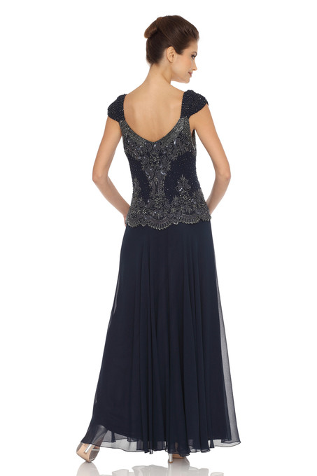 J Kara Embellished Bodice Chiffon Dress With Shawl Navy
