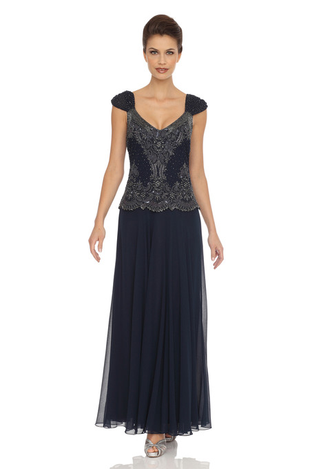 J Kara Embellished Bodice Chiffon Dress With Shawl Navy