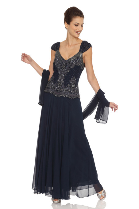 j kara Embellished Bodice Chiffon Dress with Shawl Navy