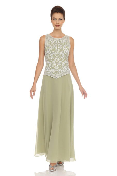 J Kara Embellished Chiffon Dress With Shawl Celery/White