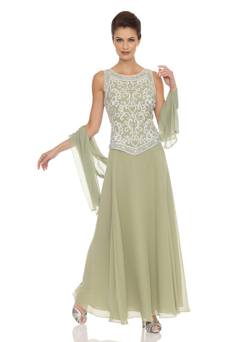 j kara Embellished Chiffon Dress with Shawl Celery/White