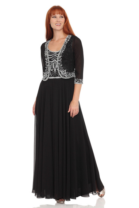 j kara Floral-Beaded Chiffon Jacket Dress Black / White