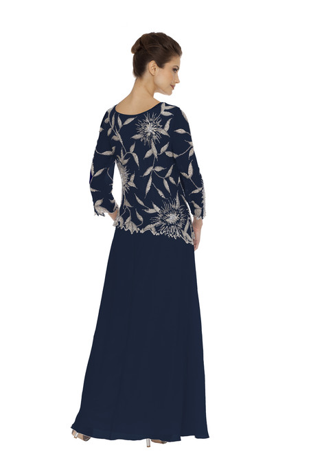 J Kara Floral Beads Three-Quarter Sleeve Dress Navy