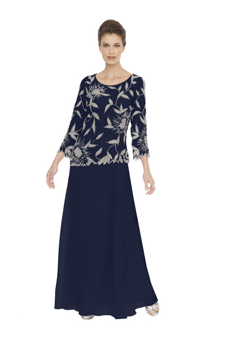 J Kara Floral Beads Three-Quarter Sleeve Dress Navy