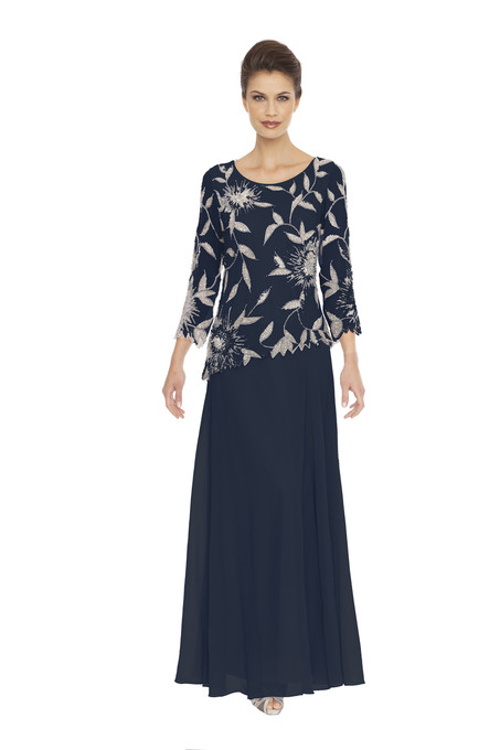 j kara Floral Beads Three-Quarter Sleeve Dress Navy