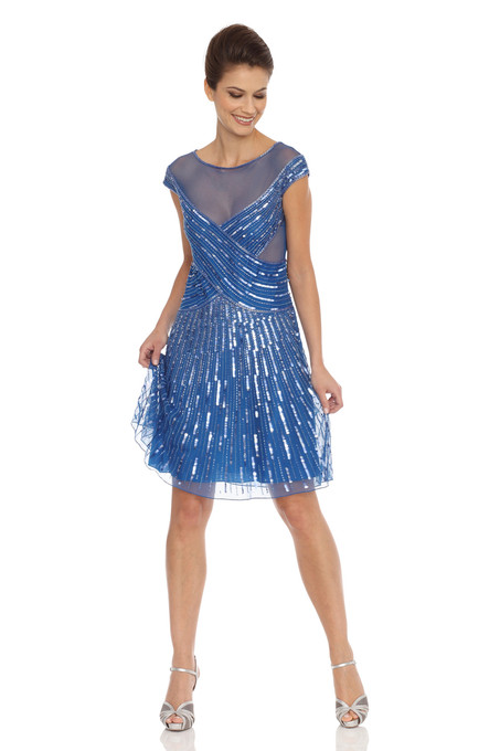 J Kara A-Line Sheer Neckline Dress Cobalt Blue