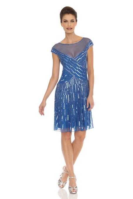J Kara A-Line Sheer Neckline Dress Cobalt Blue