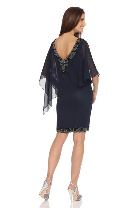 J Kara Asymmetrical Capelet Dress Navy