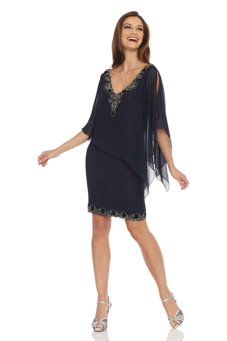 J Kara Asymmetrical Capelet Dress Navy