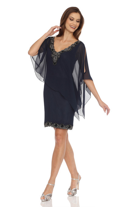 J Kara Asymmetrical Capelet Dress Navy